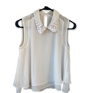 GIANNI BINI White Sleeveless Layered Fringe Collared Key Hole Back Blouse Sz S